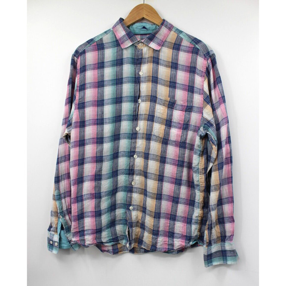 Tommy Bahama Shirt Mens Medium Polynesian Plaid‎ Linen Long Sleeve Multicolor - Picture 1 of 7
